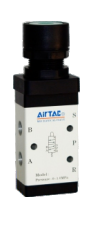 AIRTAC MANUAL VALVES, M3 SERIES FLAT TYPE&lt;BR&gt;3 WAY 2 POSITION N.C, 1/8&quot; NPT PORTS BLACK BUTTON